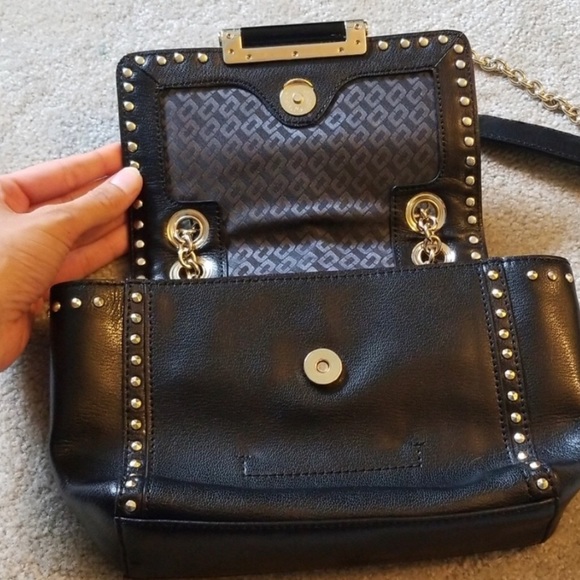 Dian Von Furstenberg Black Moto Leather Crossbody Purse Bag Nice Hardware Rivets - Picture 8 of 12